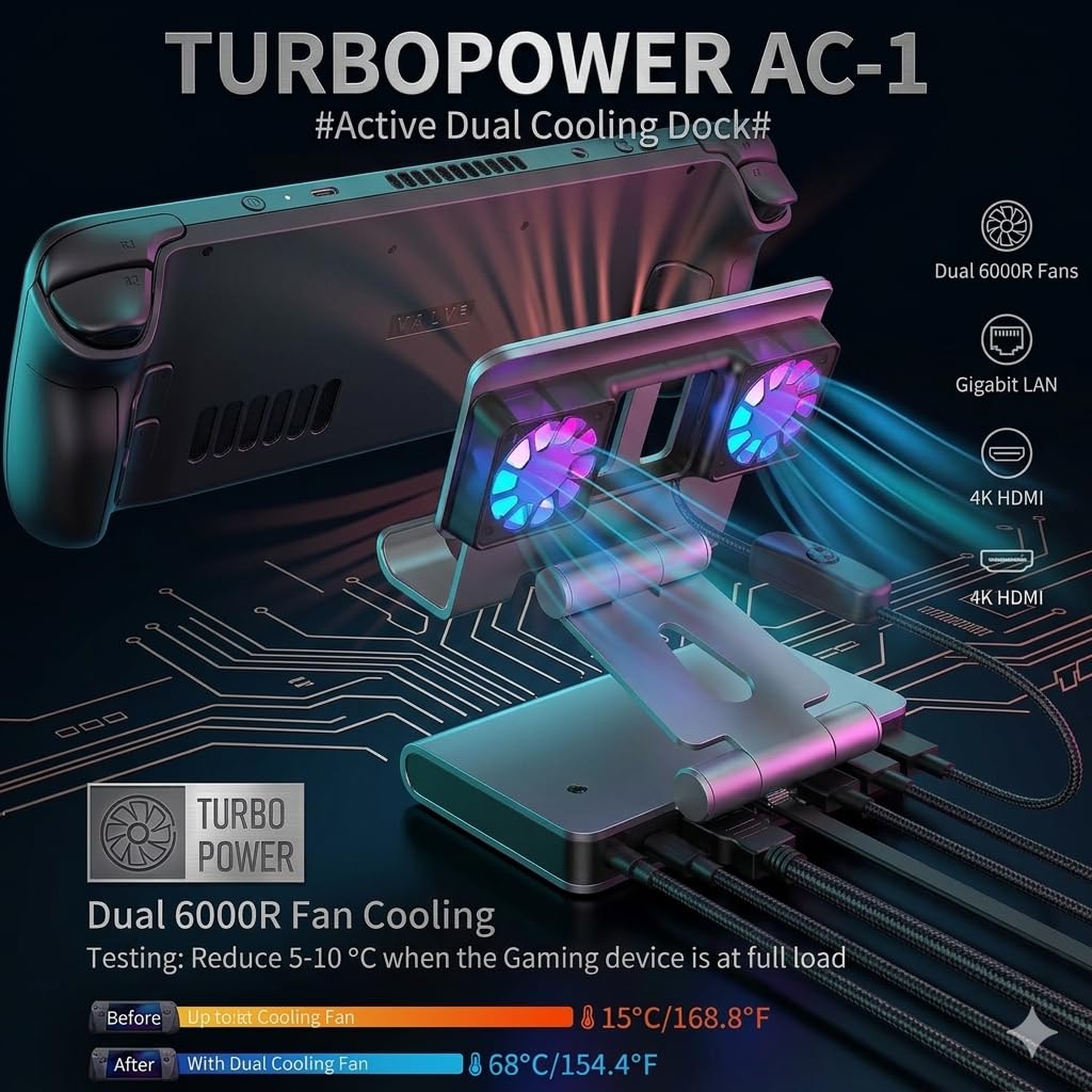 Estación de acoplamiento de ventiladores para Steam Deck/ROG Ally X/Legion Go/Claw, soporte ajustable 6 en 1 con HDMI 4K a 60Hz, Ethernet de 1000 Mbps, 3 USB-A 3.0 y carga rápida para Steam Deck OLED