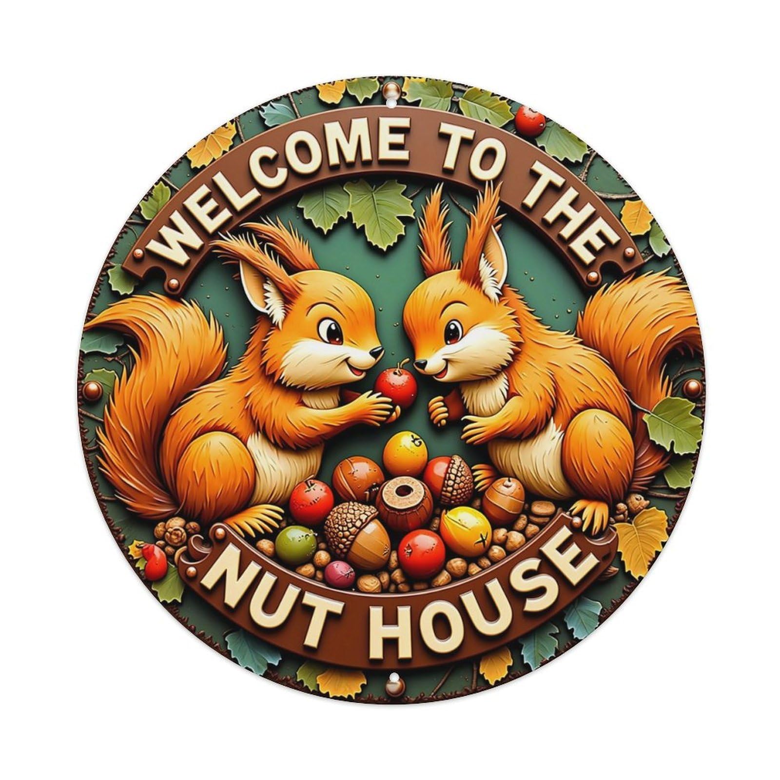 Jdyaojiesheng Vintage Squirrels Nuts Leaves Autumn Welcome Round Tin Sign Retro Metal Wall Decor Metal Poster, Home Bar Garage Farmhouse Cafe Wall Art Decoration 8X8inch