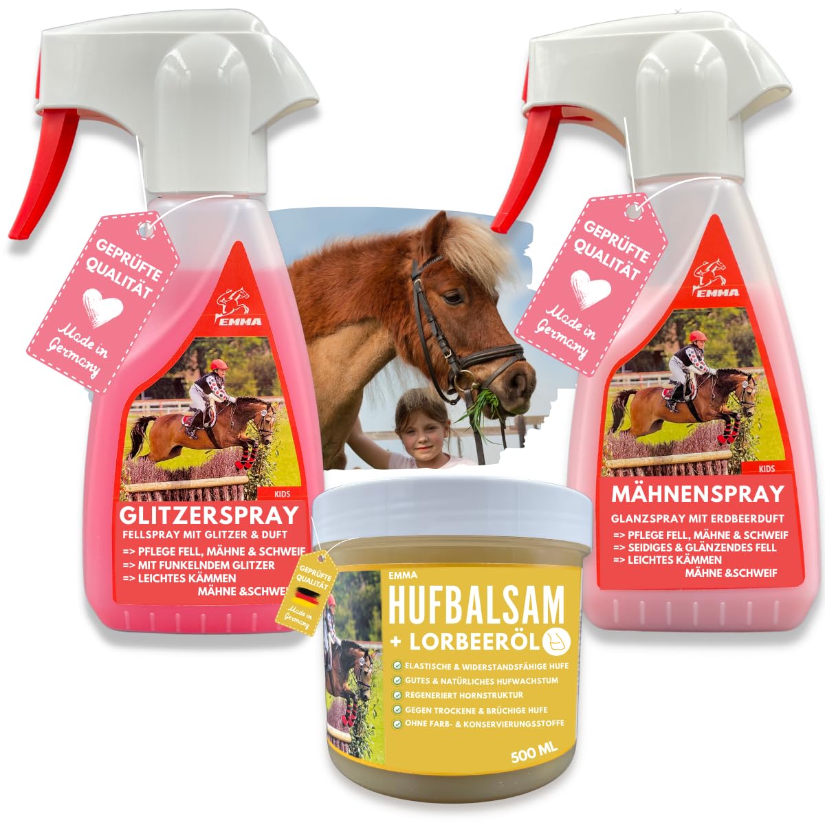 EMMA® Horse Care – Set of 3 Horse Glitter Spray, Hoof Grease in Pink with Strawberry Scent & Glitter Mane Spray for Fur Mane and Tail for Horses Grooming Box