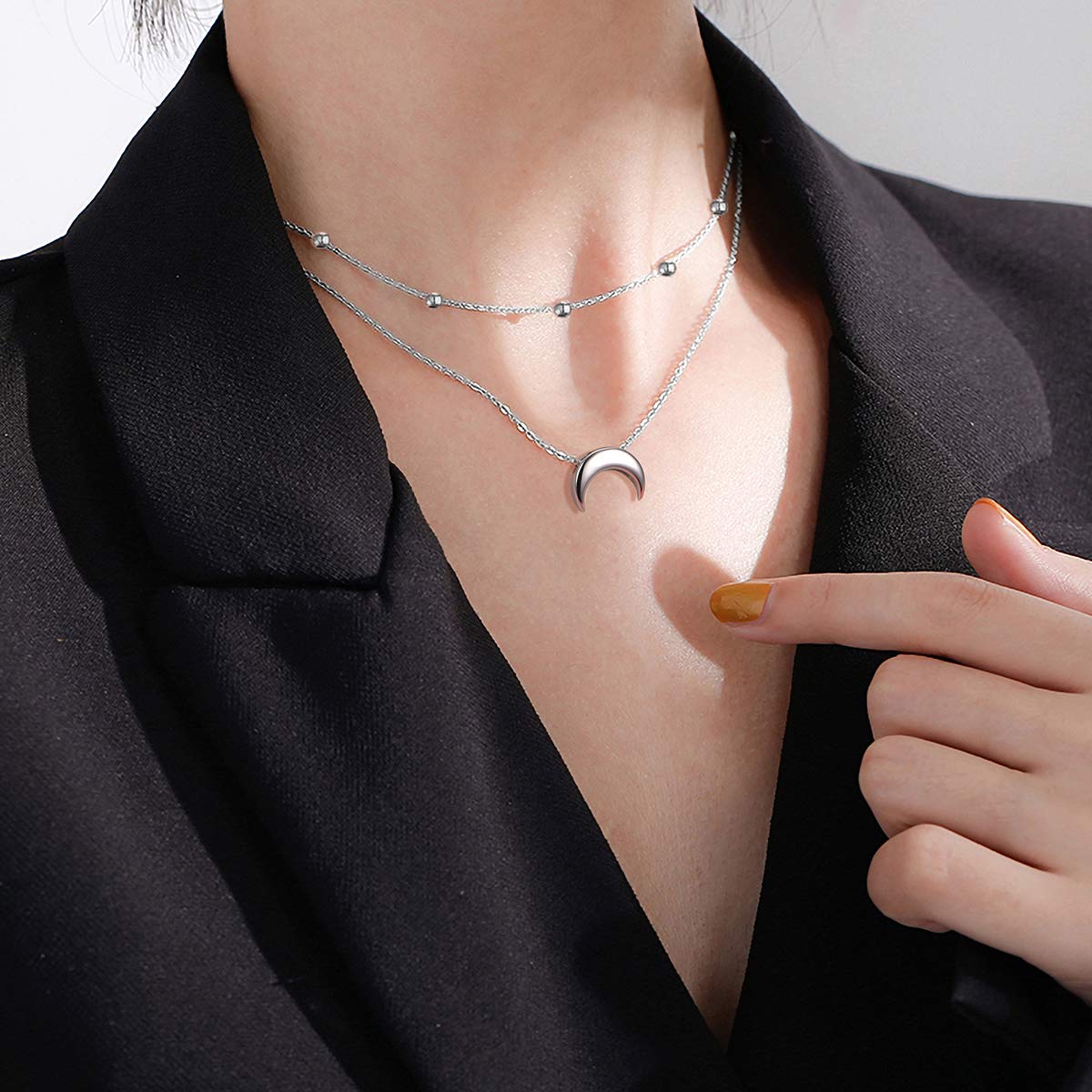 Flyow Halbmond Geschichtete Choker Halskette S925 Sterling Silber Mond Anhänger Schmuck Verstellbare Schlüsselbein Halskette für Damen Mädchen Geburtstagsgeschenke
