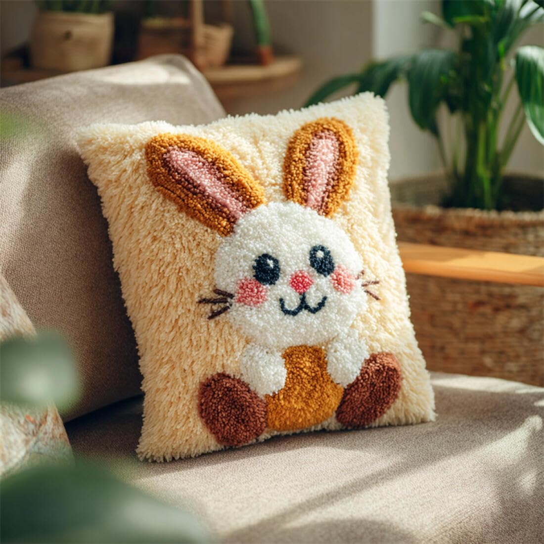 Kitquiver Animal Latch Hook Cushion Set Cartoon Rabbit DIY Latch Hook Kits Pillow Printed Cushion Crochet Yarn 3D Embroidery Set Pillowcase Rug Home Decor 17x17In