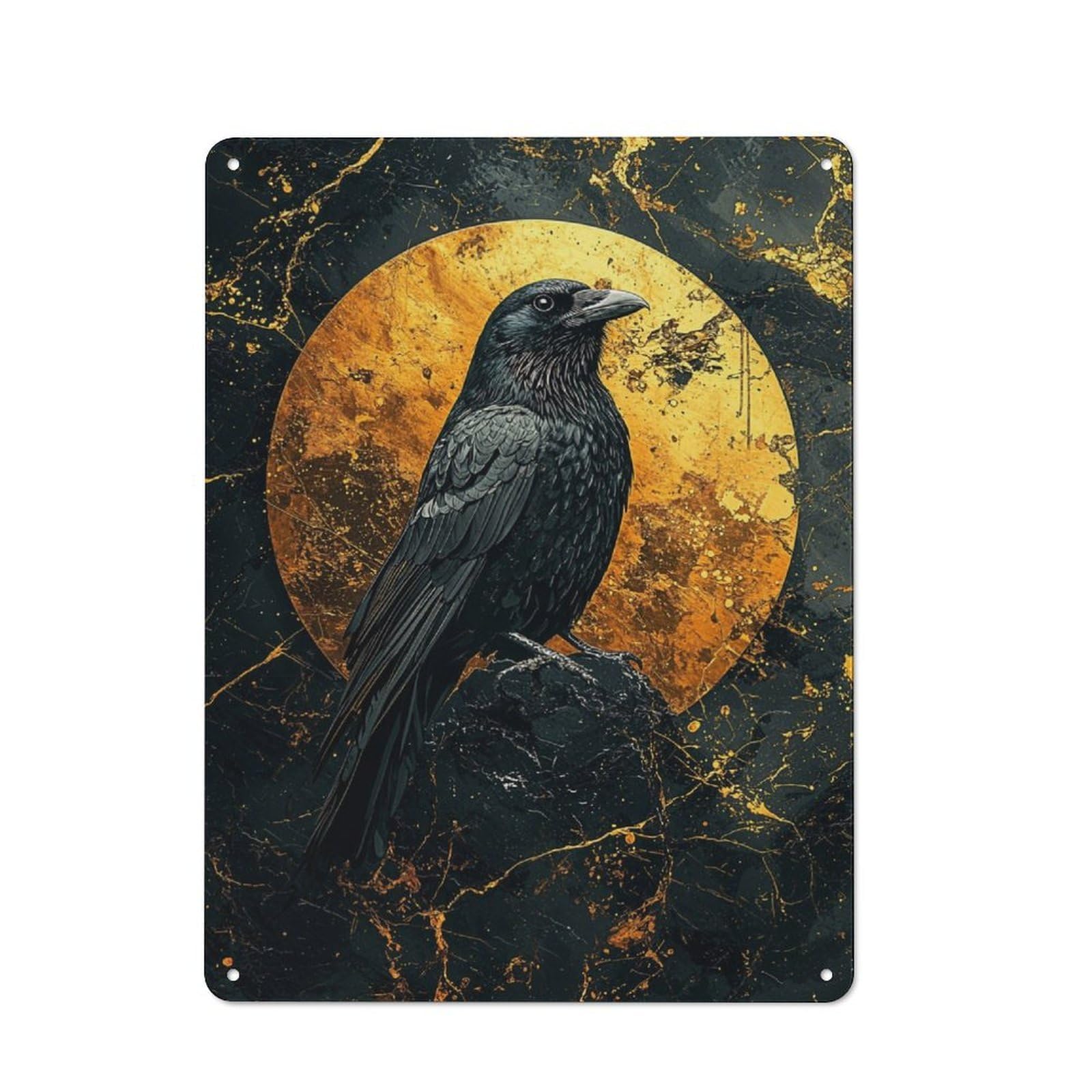 Junmoney Raven And Golden Moon Tin Wall Plaque 40X30cm With For Pub Or Café, With Clear Vintage Wall Decor Character