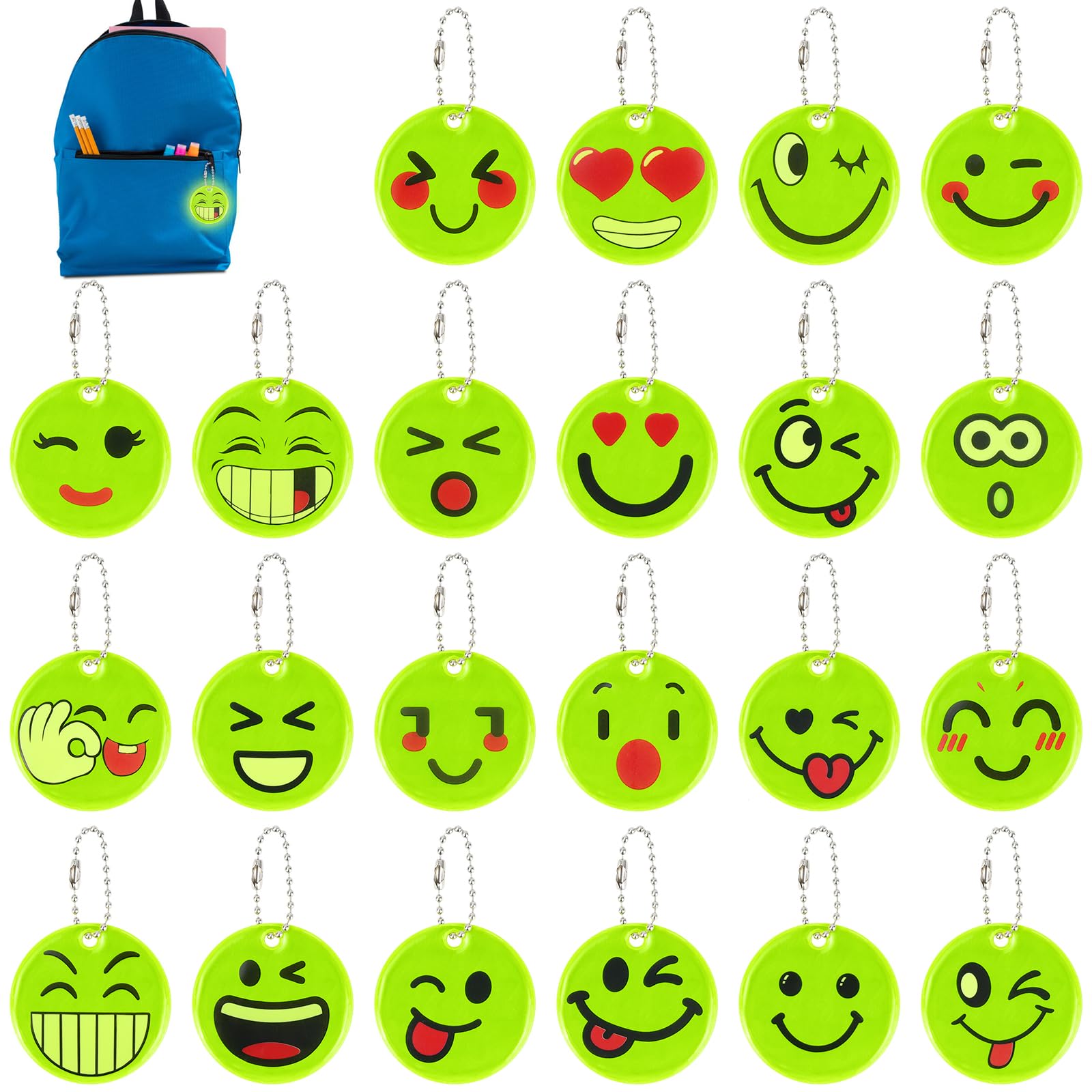 FLEXNOVA 22 Stück Reflektoren Kinder Anhänger, Reflektor Anhänger Smiley Kinder Sinnvolle Mitbringsel Kindergeburtstag Jahre Schlüsselanhänger Kinder Mitgebsel für Rucksack Radfahren Gehen Laufen