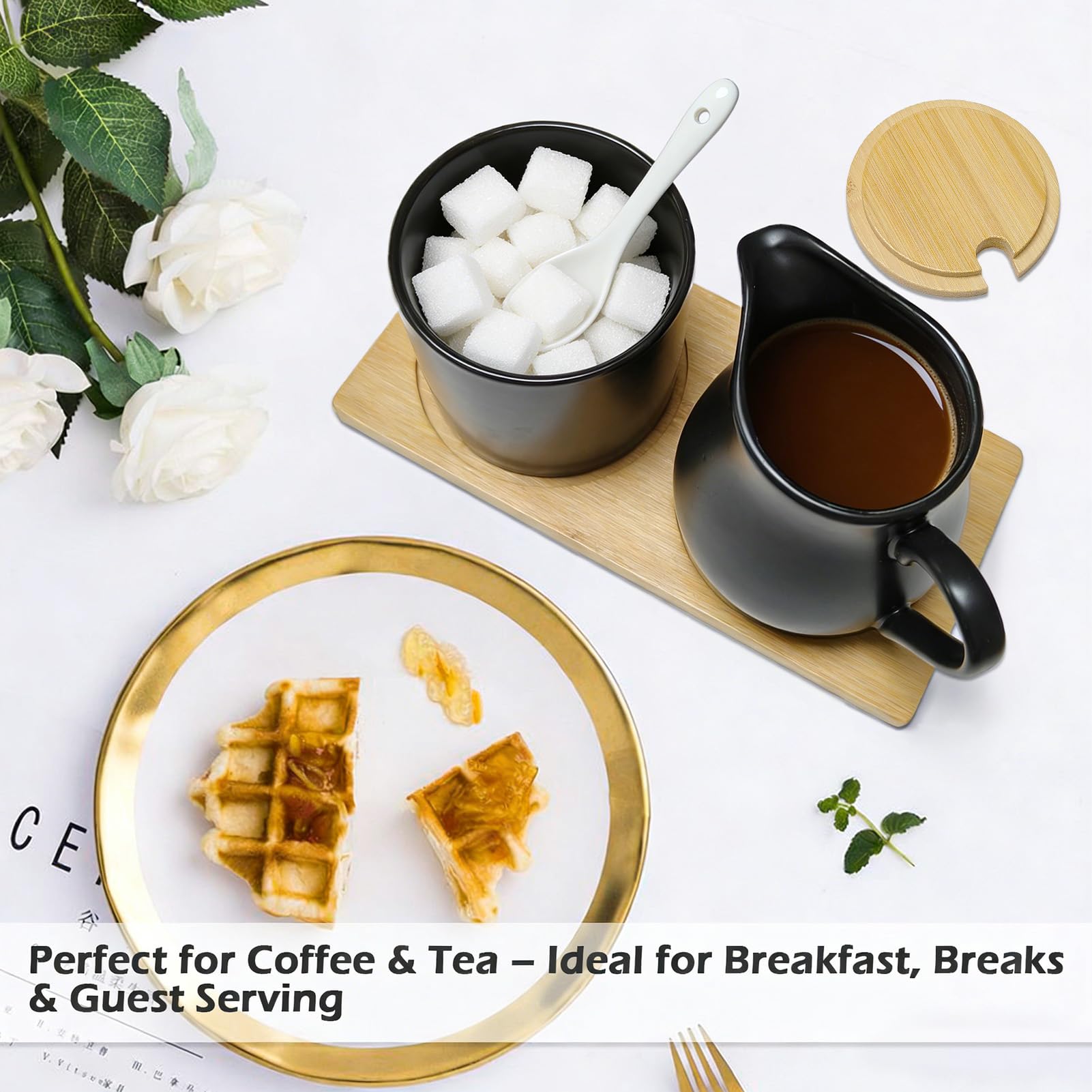 Set di latte e zucchero in ceramica con coperchio, brocca per il latte e zuccheriera su vassoio di legno, elegante servizio per il caffè, adatto al microonde e alla lavastoviglie (nero)