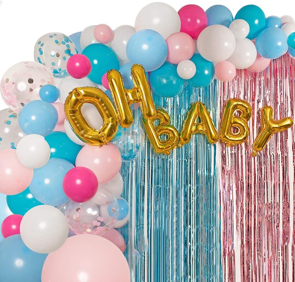 Gender Reveal Party Supplies Balloon Garland Kit - Balloon Arch Kit (Small, Big, Gold Confetti, Blue, Pink Balloons and More!), with OH BABY Foil Balloon, Tinsel Curtain, Balloon Pump, and Accessories