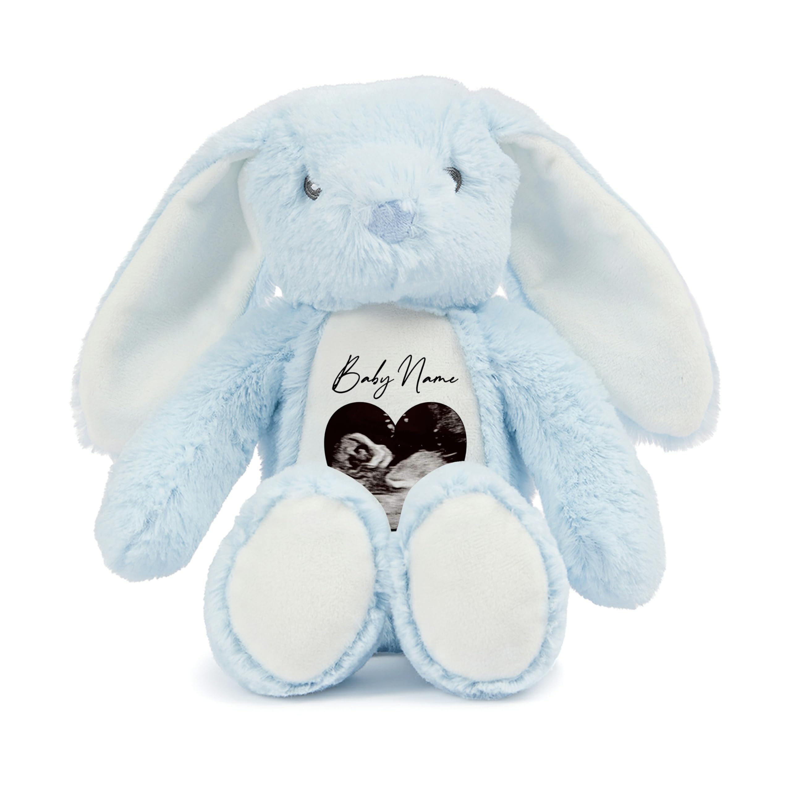 allaboutthebump Personalised New Baby Ultrasound Scan Birth Announcement Plush Bunny Soft Stuffed Animal [Grey White Pink Blue Brown] New Brother Sister Sibling Boy Girl Unisex (Bunny: Blue)