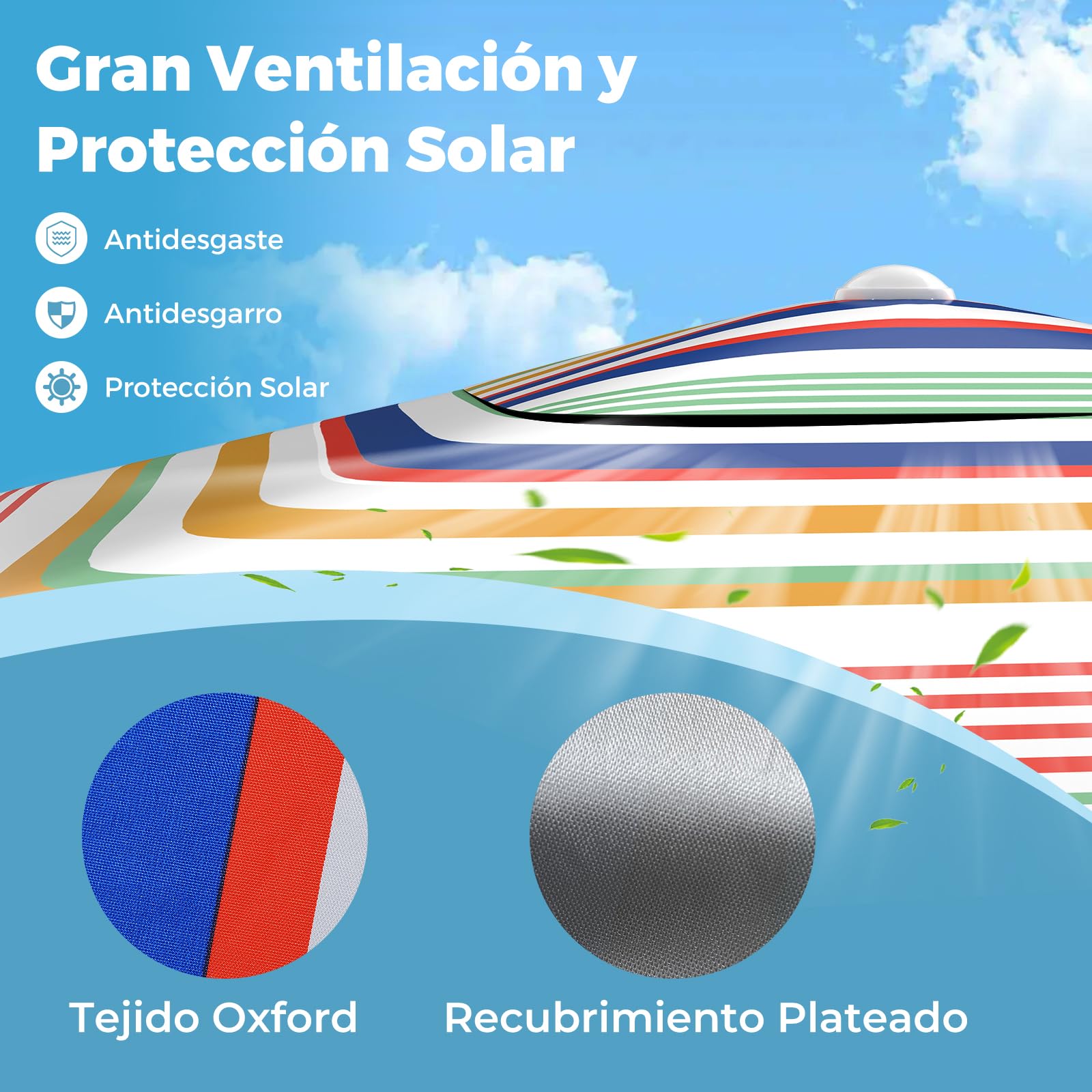 COSTWAY Sombrilla Playa Grande, 200 X 200 CM, Techo Ventilado, Protección Solar, Parasol Jardin Cuadrda con Bolsa De Transporte, 4 Sacos De Arena, Protección Solar Exterior (Colorido)