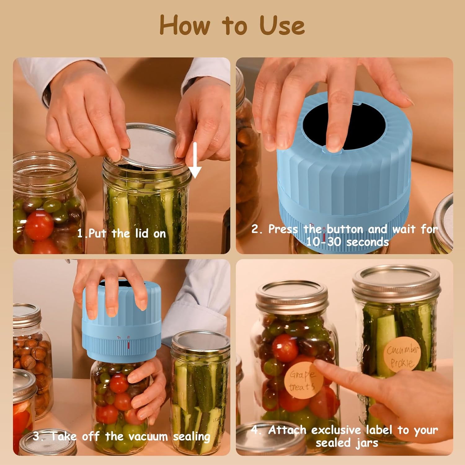 Electric Mason Jar Vacuum Sealer - Fully Automatic Mason Jar Vacuum Sealer Kit for All Mason Jars with Regular Lids and Wide Mouth Lids, A Must-Have Tool for Canned Foods/Pantry - Blue
