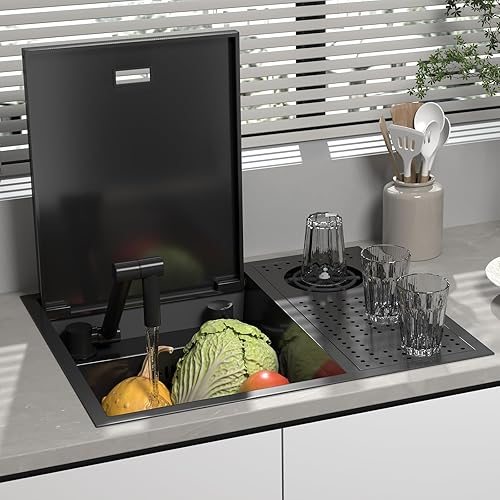 Miniatura 5 de Fregadero de barra de caída lenta, fregadero individual oculto de acero inoxidable negro, isla centralapartamento individual, fregadero de encimera