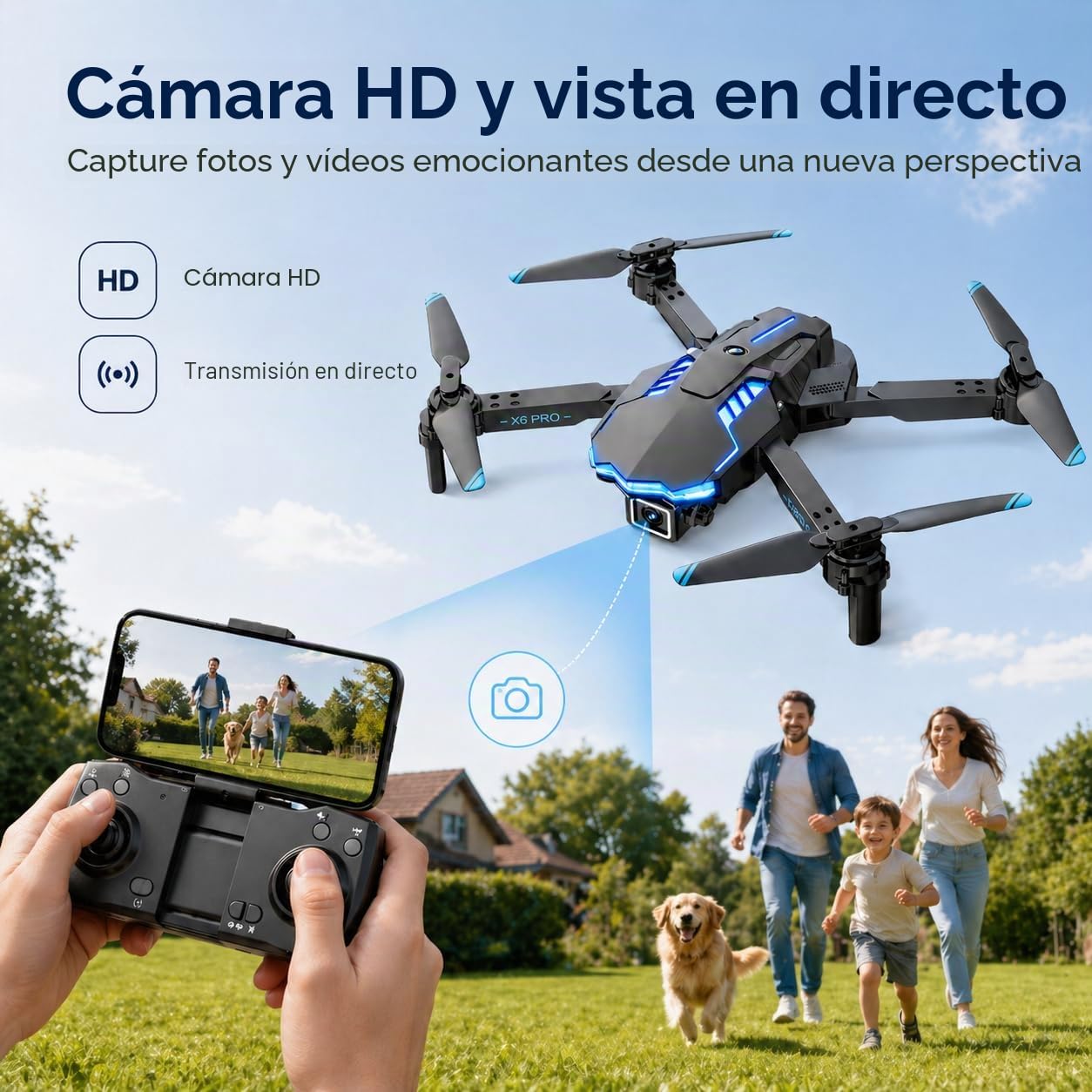 Dron con Cámara 1080P para Niños y Principiantes, Mini Drone Plegable FPV con Motor sin Escobillas, 2 Baterías, Retención de Altitud, Modo sin Cabeza, Juguetes Regalo para Niños y Adultos (Blue)
