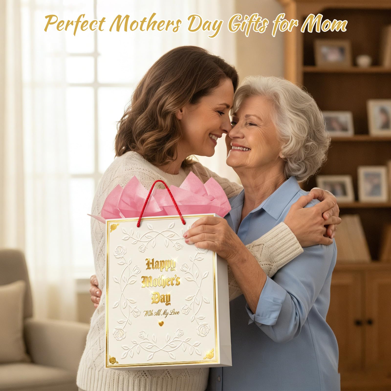 D4DREAM Mothers Day Gift Bag - 11.5'' Medium Happy Mother's Day Paper Gift Bag with Tissue Paper and Handles Elegant Embossed Rose Gift Wrap Bag for Mom Nana Grandma Wife Sister