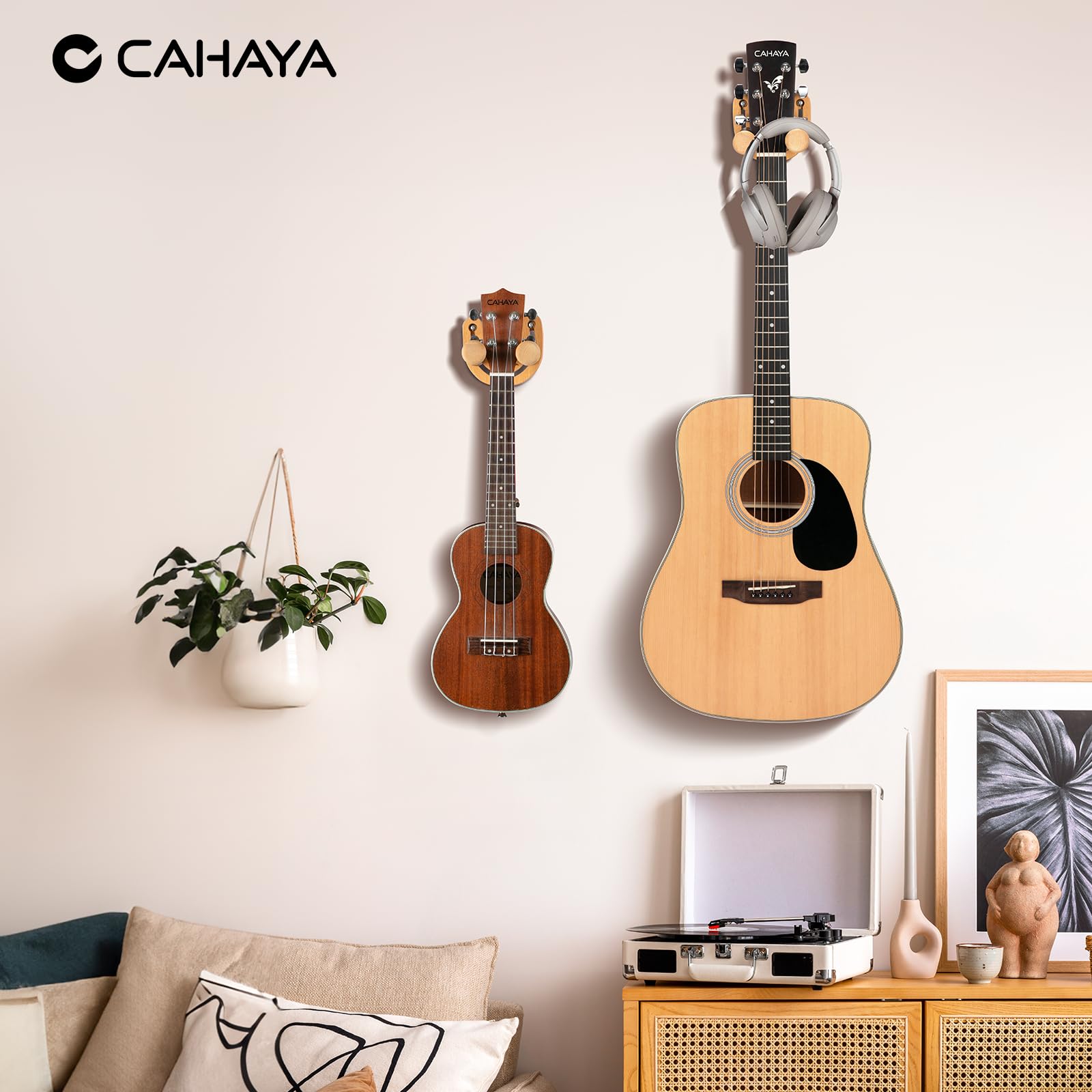 CAHAYA Soporte de pared para guitarra, paquete de 2 ganchos ajustables en forma de U con 5 púas y 1 bolsa para púas para bajo, banjo, ukelele, mandolina CY0297-1