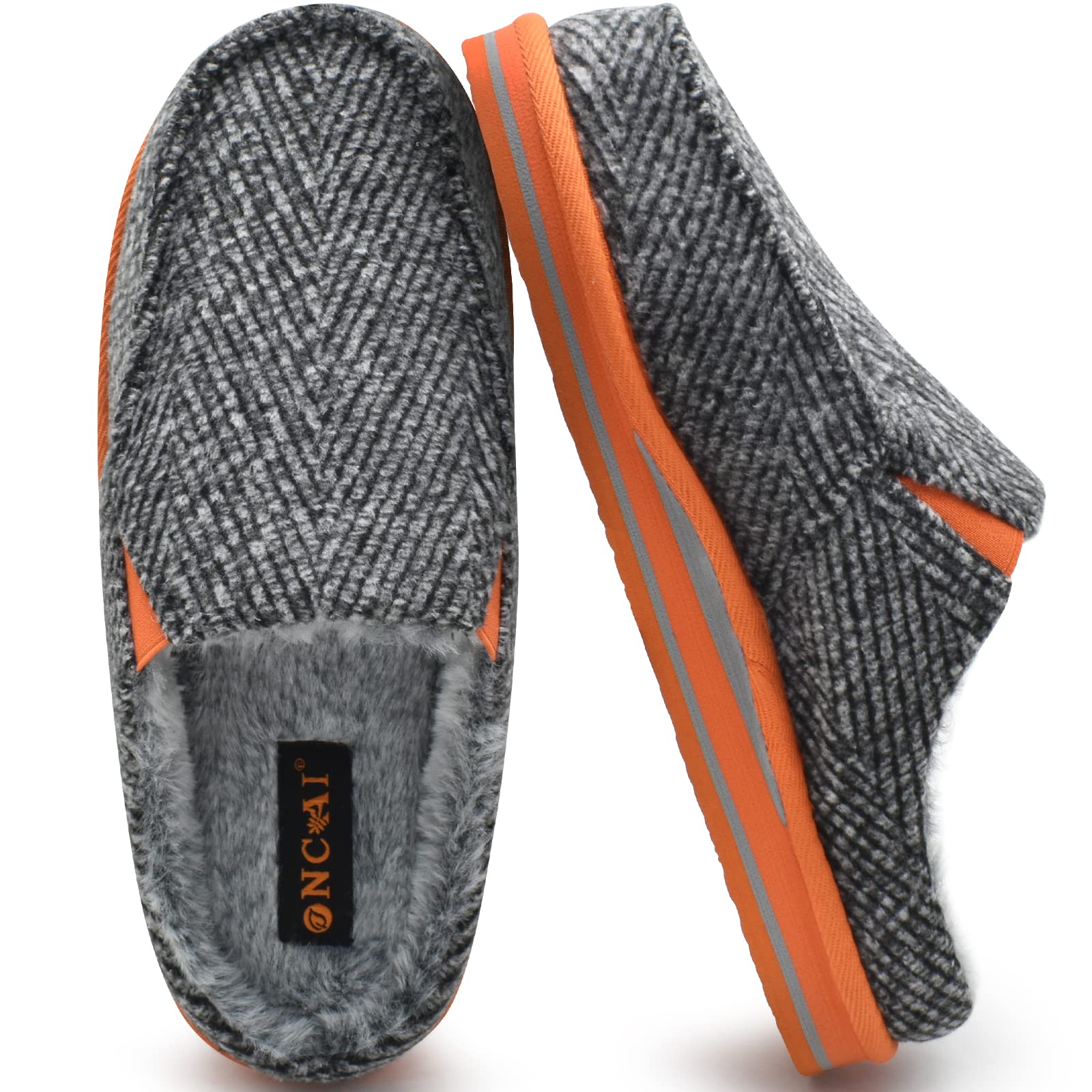 ONCAI Men's Arch Support Stripe Slippers Cotton-Faux Fur Memory Foam Indoor Outdoor