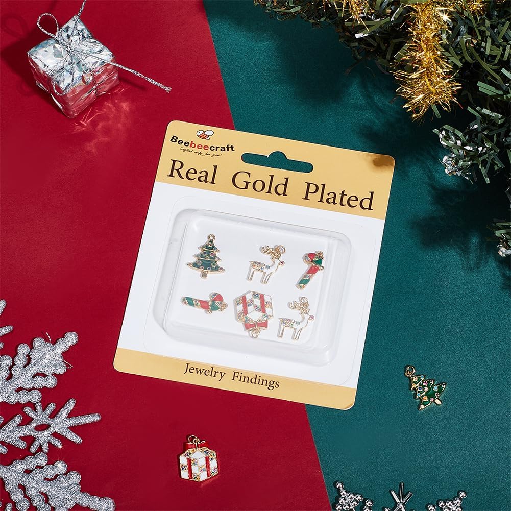 Beebeecraft 1 Box 8Pcs 4 Styles Enamel Christmas Charms 18K Gold Plated Brass Cubic Zirconia Gift Christmas Tree Deer Cane Charms for Bracelet Necklace Earring Craft Supplies