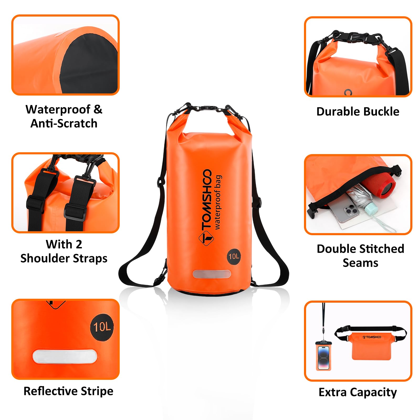 TOMSHOO Dry Bag Set, Wodoodporny Plecak 10L/20L z Wodoodpornym Pokrowcem i Kieszeń na Telefon Komórkowy, Regulowany Pasek na Ramię, Wodoodporny Plecak na Spływy Kajakowe, 10L, Pomarańczowy