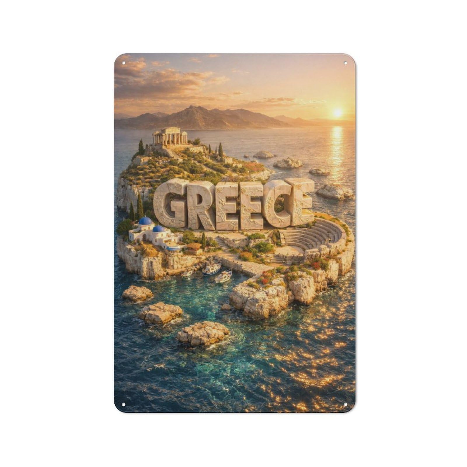 Tin Sign with Greece Island with Ancient Ruins Design 30x20cm, Understated Studio Wall Plaque for Hobby Room, Office, Lounge Or Living Room