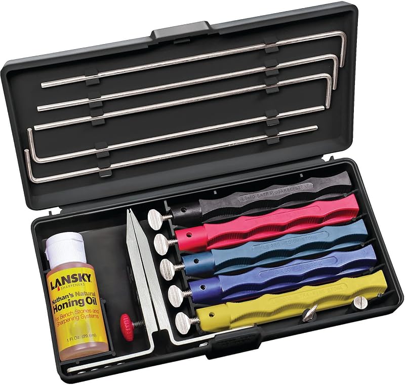 Lansky Deluxe Knife Sharpening System: 5-Stone Ceramic Knife Sharpener Kit with Honing Oil - LKCLX | Honing oil included
