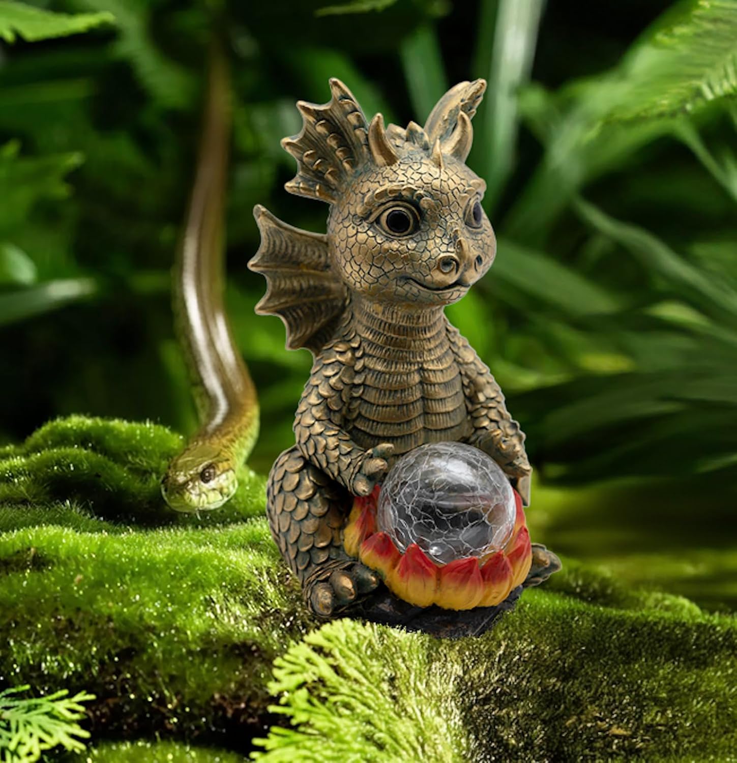 Garden Outdoor Dragon Decor Statues Figurine Solar Lights, Gifts for Mom,Patio Balcony Yard Lawn Color - Charging Ornament Decor,Waterproof Halloween Decorative Lights,Year-Round (Gold)