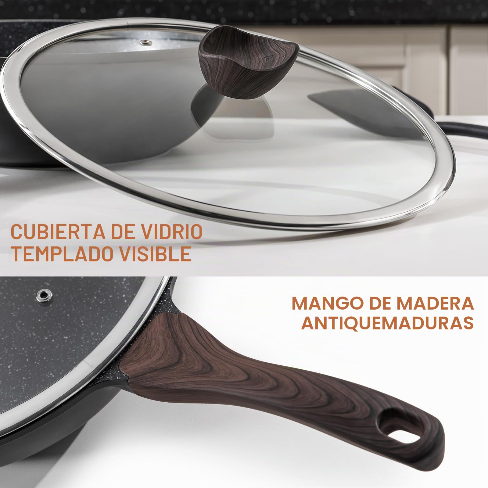 Kordisen Wok 30 cm, Wok de Inducción con Tapa, Revestimiento Antiadherente, Apto para Todo Tipo de Fuegos, Sin PFOA