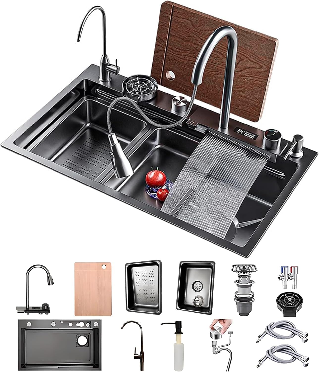 ZQFHSX Stainless Steel Kitchen Sink Combo with Pull-Out Faucet Nano-Coated Topmount Workstation 80x50cm Single Bowl Pressure Pot Washer Black-Grey Finish