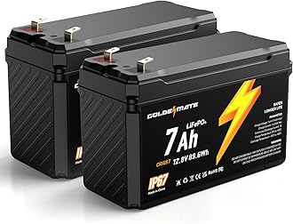 GOLDENMATE 12V 7Ah Lithium LiFePO4 Deep Cycle Battery(2 packs), 5000+ Cycles, IP67 Waterproof 12V Lithium Battery, Built-in BMS, Perfect for Lighting, Power Wheels, Fish Finder, Ride on Toys