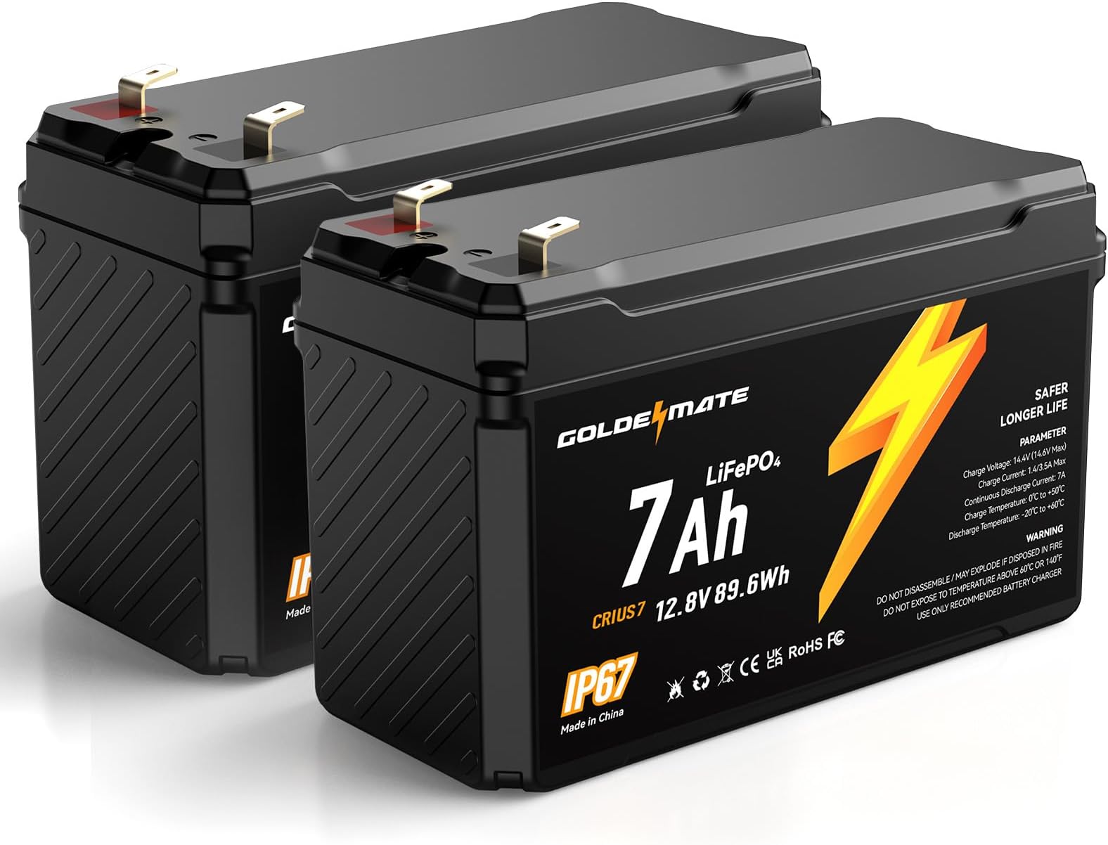 GOLDENMATE 12V 7Ah Lithium LiFePO4 Deep Cycle Battery(2 packs), 5000+ Cycles, IP67 Waterproof 12V Lithium Battery, Built-in BMS, Perfect for Lighting, Power Wheels, Fish Finder, Ride on Toys