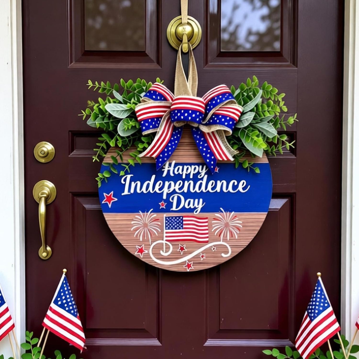 4th of July Wreaths Decorations for Front Door with Large Bow, USA 250th Anniversary Merchandise, Independence Day & Summer Patriotic Decorations for Garden & Patio