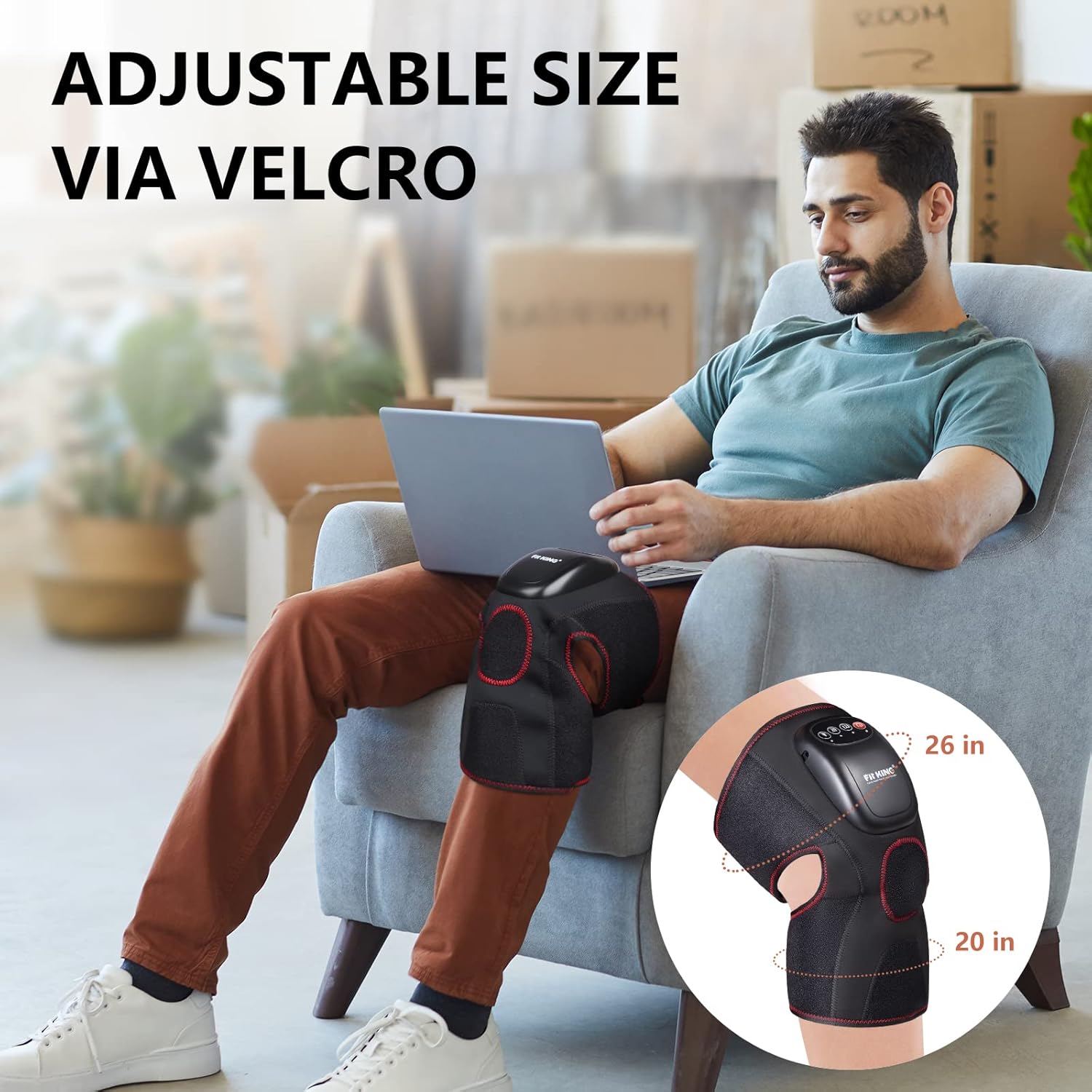 Man using FIT KING Knee Massager, showing adjustable size via Velcro straps.