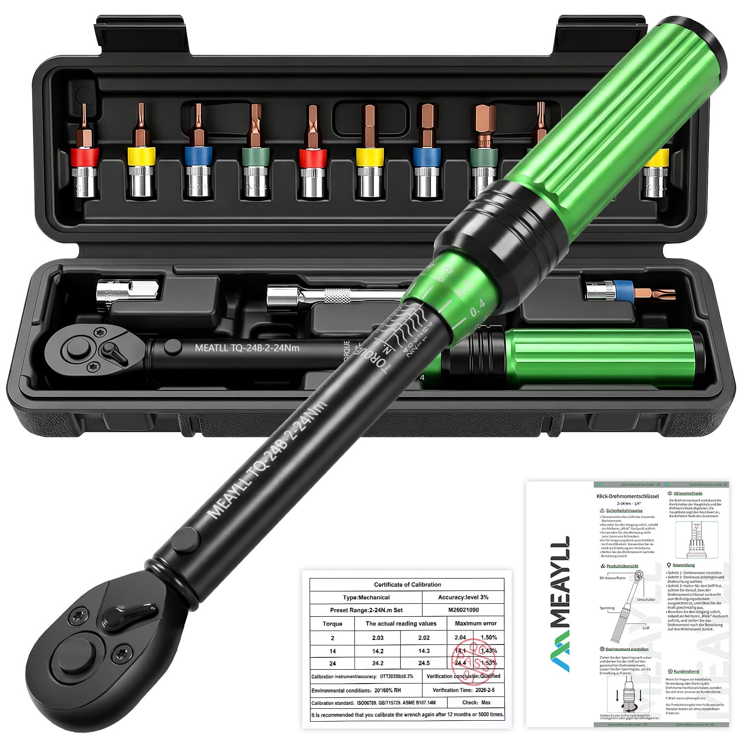 Kleiner Drehmomentschlüssel Fahrrad Set 1/4 Zoll, 2-24 Nm, 15-Teiliges | Torque Wrench Bike ±3 % Genauigkeit, 72 Zähne, inkl. 12 Bits, 1/4" auf 3/8" Adapter & Verlängerung für MTB und E-Bike,Grün