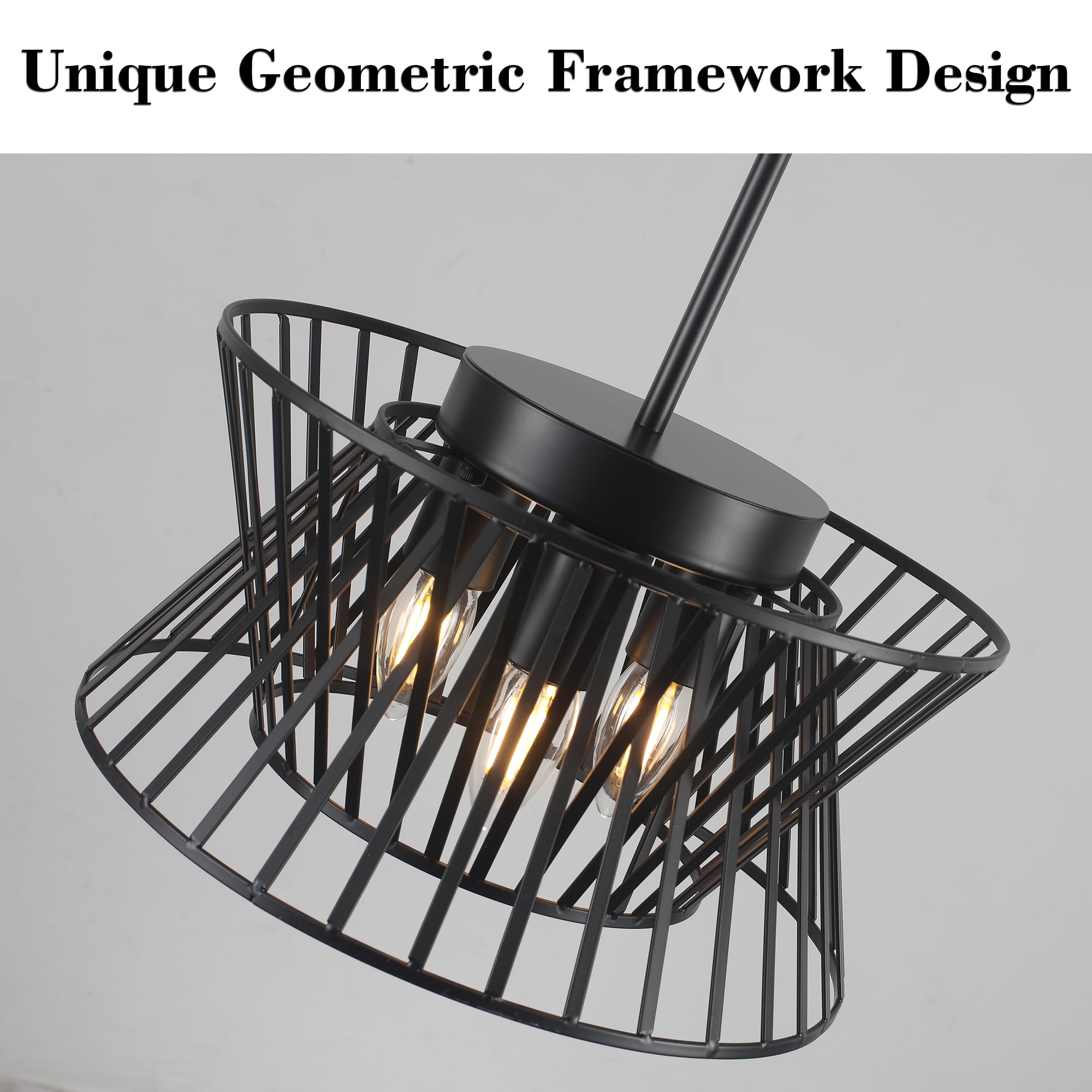 Lámpara colgante negra de 3 luces, estilo vintage, geométrica, lámpara de araña ajustable, accesorios de iluminación de metal para cocina, sala de comedor, vestíbulo 5