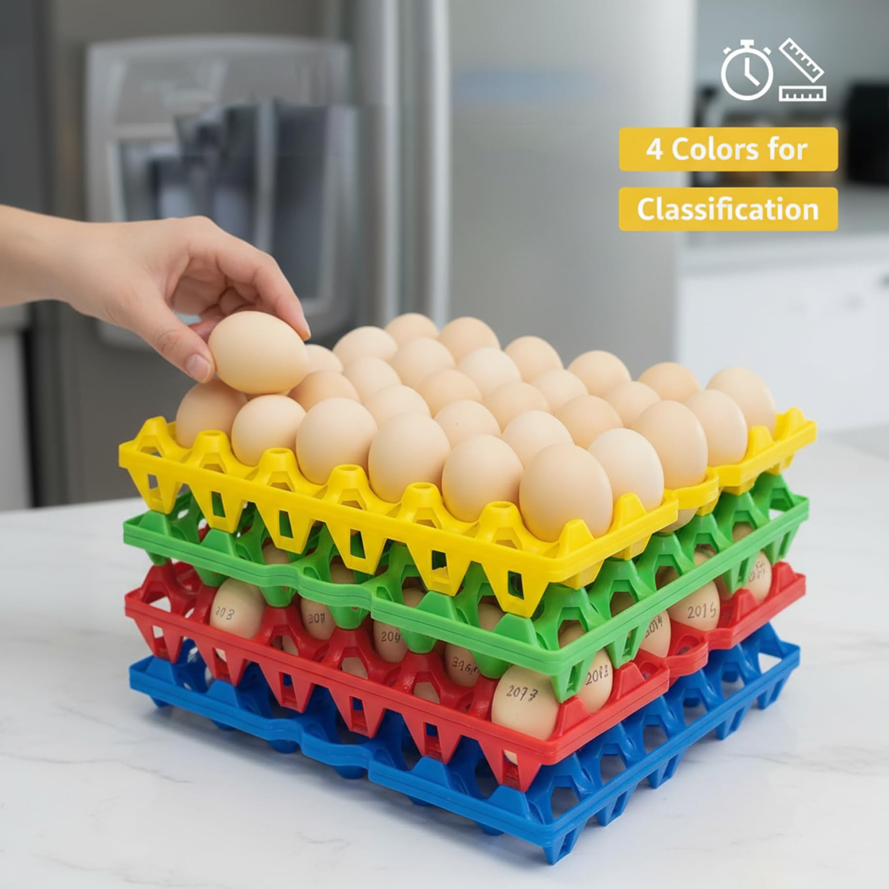 8 cajas de huevos de plástico, 30 bandejas de huevos para transporte seguro, cajas de reutilizables y apilables a granel para almacenar, clasificar y enviar (4 colores)
