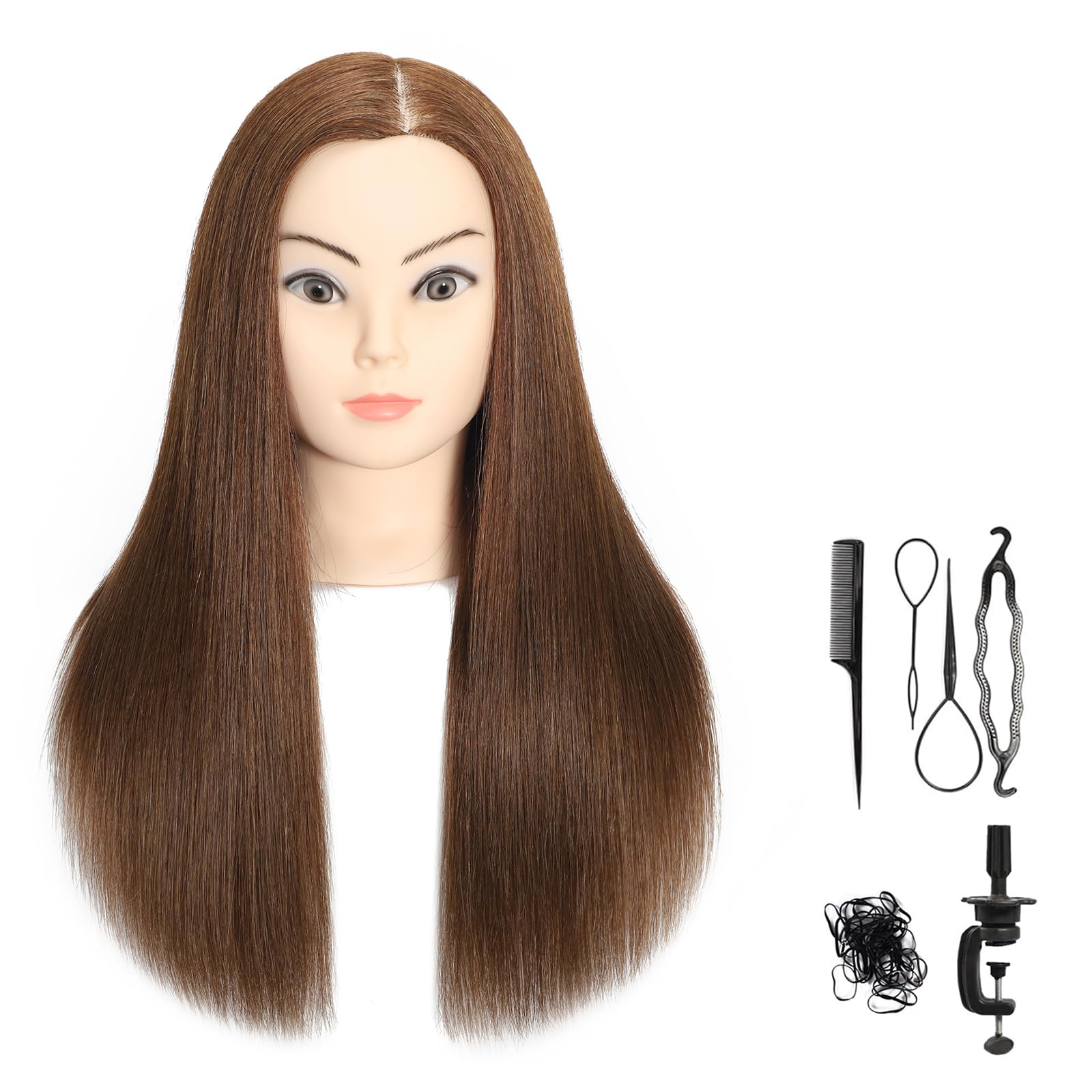 VEELTRAS 18"-20" Training Head with 70% Human Hair Mannequin Head Styling Head Professional Doll Head with Free Clamp (Brown)