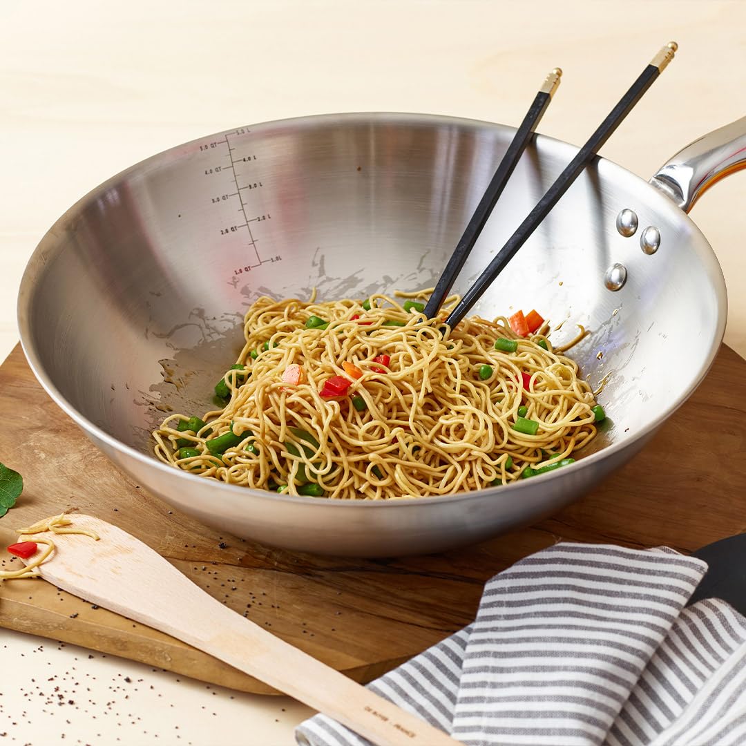 De Buyer - Wok in Acciaio Inox a 3 Strati ALCHIMY - 32 cm - Made in Francia, Senza PFAS, Master of Cooking, Inox 18/10, Tutti i fuochi + Forno, Finitura Lucida Spazzolata, Grigio