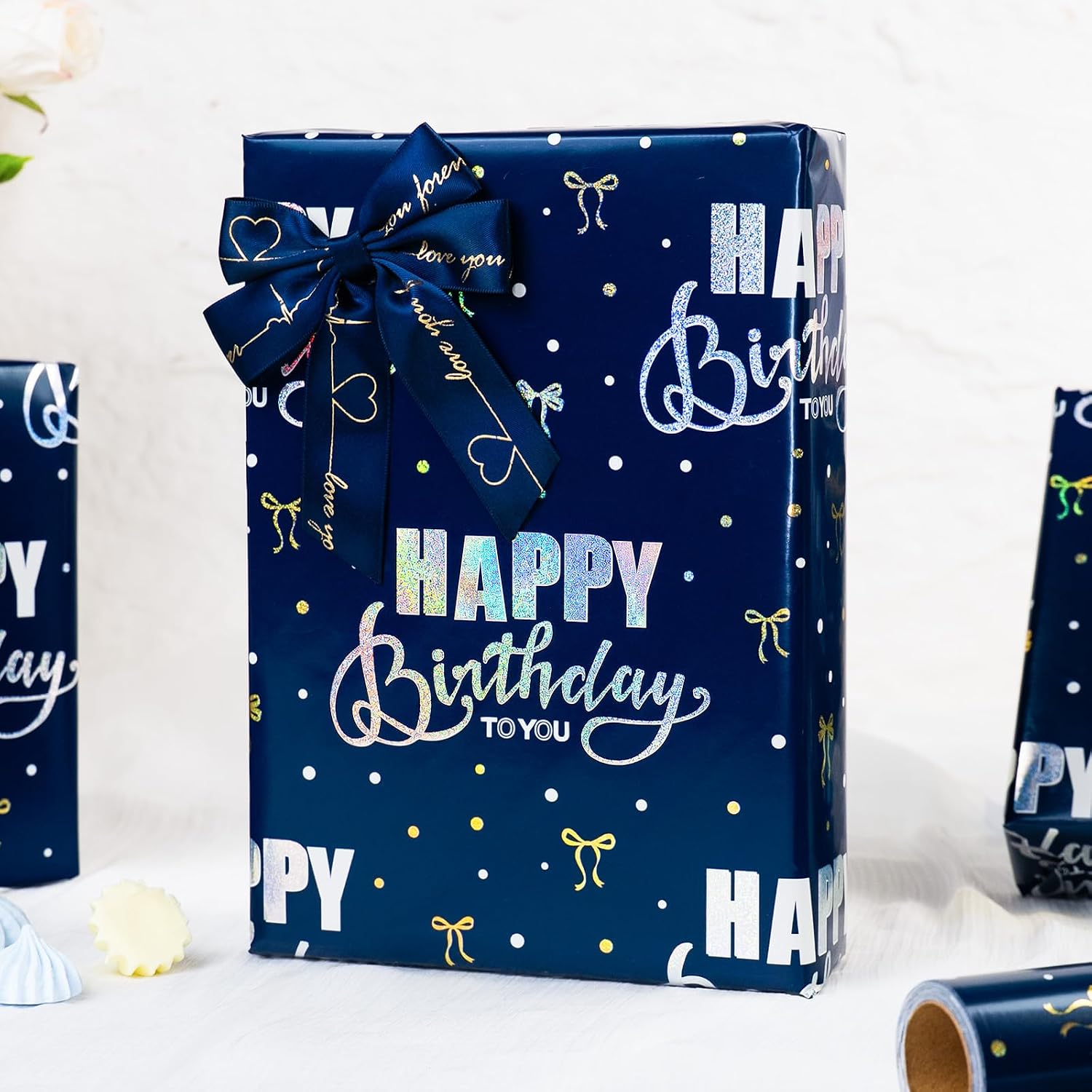 Burymento Blue Holographic Birthday Wrapping Paper Roll, 17 In x 32.8 Ft image 2