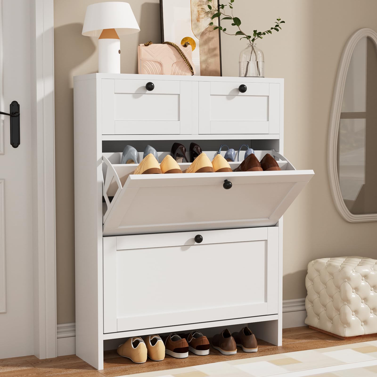 VOWNER Shoe Storage Cabinet 2 Flip Drawers 2 Pull-Out Drawers White