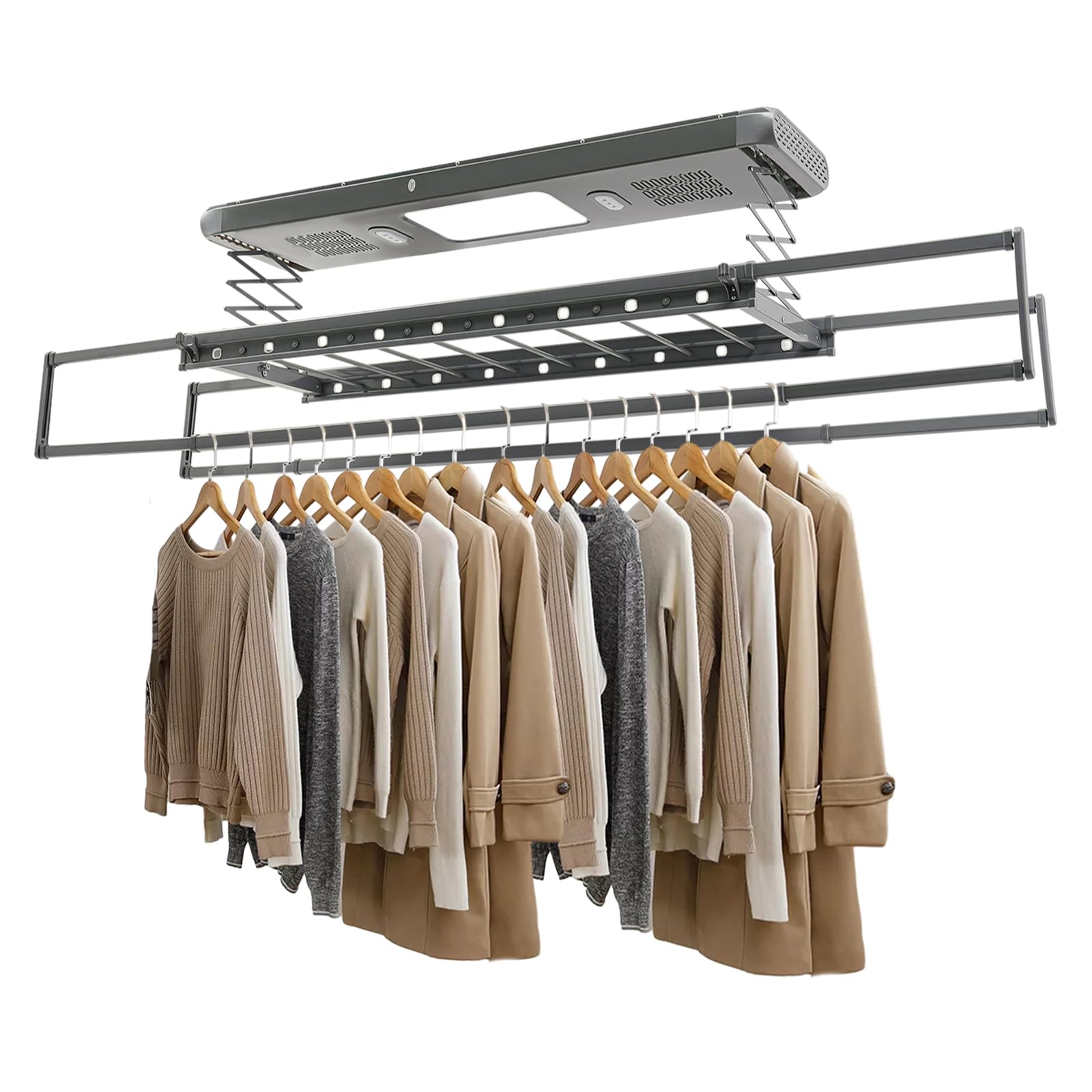 Elektrischer Wäscheständer Ausziehbar mit LED-Licht, Fernbedienung 30-50m, Teleskop-Länge 130-215cm, Absteigende Höhe 110cm, Trockenständer, Deckenwäschetrockner (Grau)