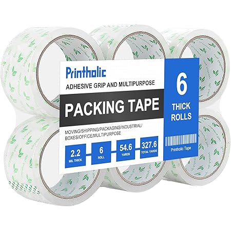 Printholic Packing Tape 6 Rolls Heavy Duty Shipping Packaging Tape 1.88" x 54.6 Yards, 3" Core, Clear, for Moving Packaging Shipping Office Storage, Transparent Tape Refills for Dispenser