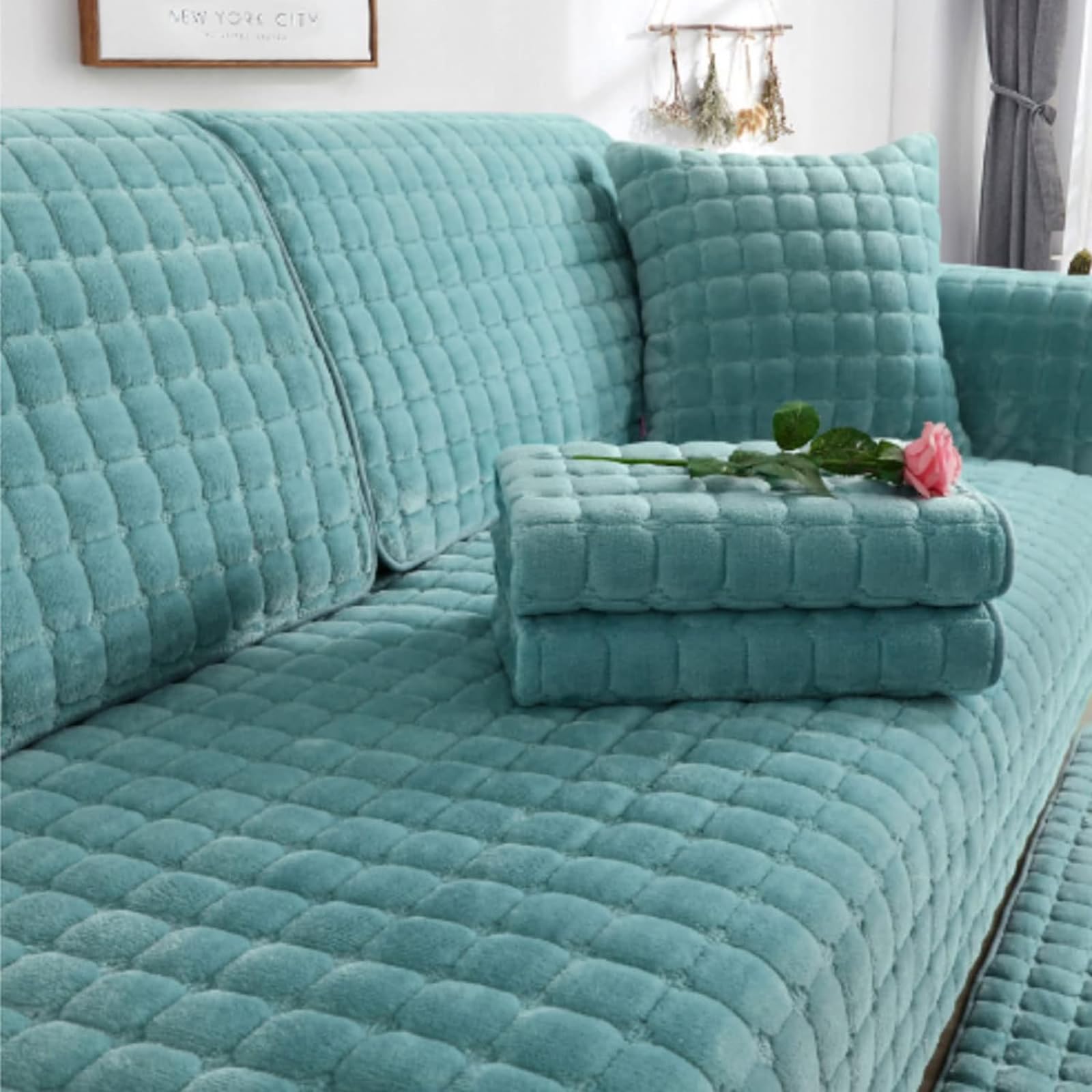 Velvet Sofa Cover 1 2 3 4 Seater, Dog Cat Sofa Protector Anti-Slip Couch Cover L Shape, Soft Sofa Cover Corner Sofa Sofa Protective Cover with Non-slip Base,Green,70x120cm