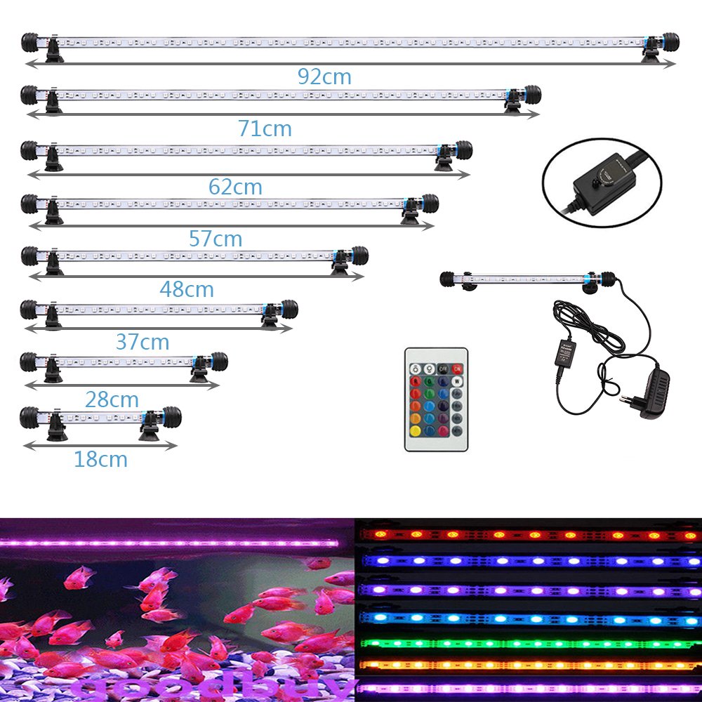 VARMHUS 18-92cm LED Aquarium-Licht Unterwasser BeleuchtungAufsatzleuchte IP68 Abdeckung Wasserdicht LED Lampe Stecker EU für Fisch Tank mit Fernbedienung RGB Farbwechsel (1.8 * 37cm, RGB)