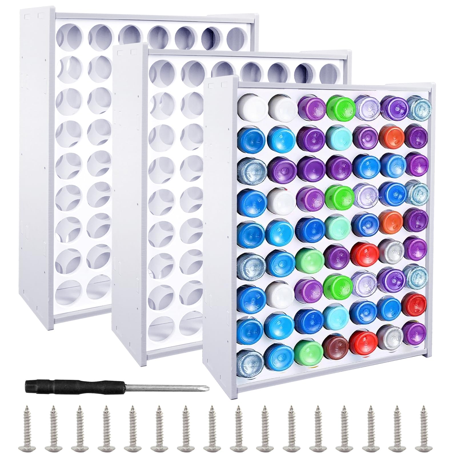 CONEHOY 3 Pcs 63 Holes Craft Paint Storage Organizer 2 oz White Wall Mounted Paint Storage Bottle Vertical Rack Stand for Art Supplies