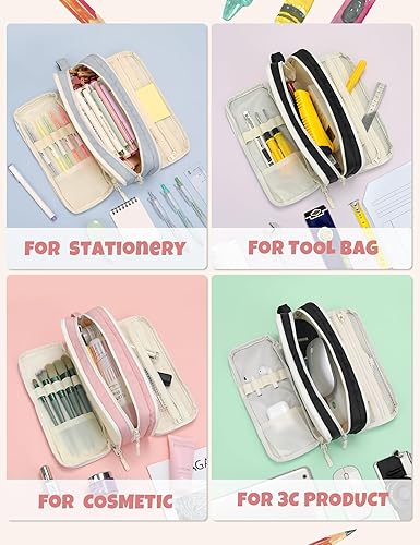 Miniatura 5 de SUNEE Lindo estuche para lápices, bolsa de lápices de gran capacidad con 3 compartimentos, organizador grande de lona con cremallera, bolsa de