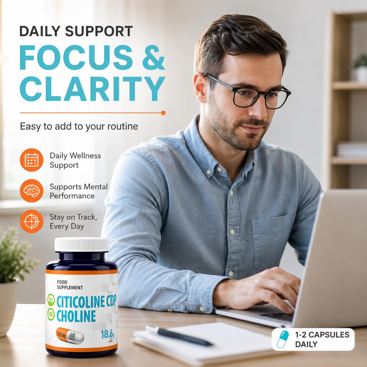 Hepatica Citicoline (CDP-Choline) 250 mg | Source de Choline | 60 Gélules Véganes | Réserve 2 Mois | GMP & laboratoire indépendant