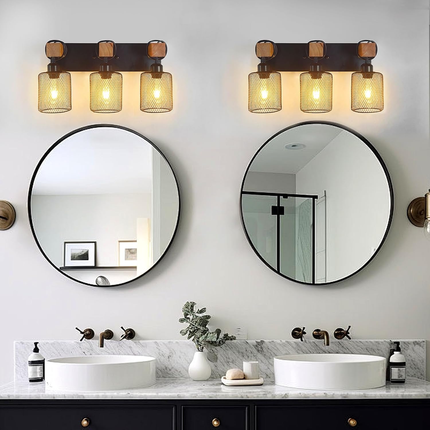 Farmhouse Bathroom Light Fixtures Black, 3-Light 20 inch Wood Bathroom Lighting Fixtures Over Mirror, Rustic Vanity Lights with Metal Mesh Lampshade for Bedroom, Hallway, Living Room