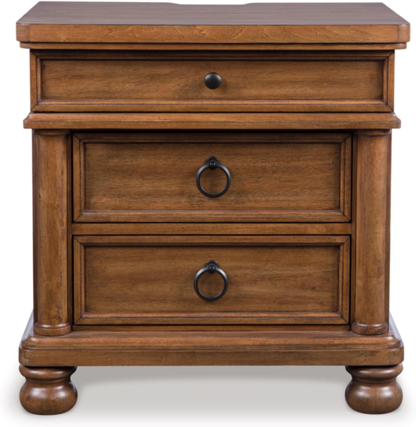 Signature Design By Ashley Chadworth Traditional Nightstand with 3 Drawers, USB-A and USB-C Charging, Metal Knobs, Wood, 27" W x 18.13" D x 27.38" H, Brown