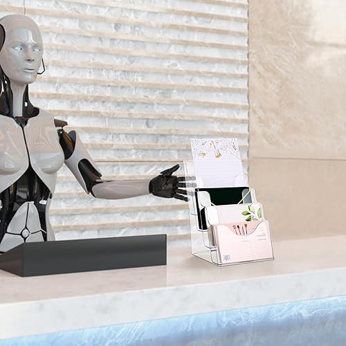 Miniatura 7 de VILLCASE Soporte acrílico para folletos, soporte de exhibición de literatura transparente de 4 niveles, organizador de múltiples bolsillos para