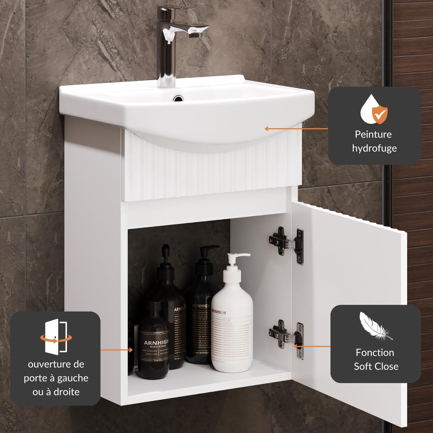 Planetmöbel Meuble sous lavabo Suspendu 45 cm avec Vasque en céramique, Blanc Mat, pour Petites salles de Bains et WC invités