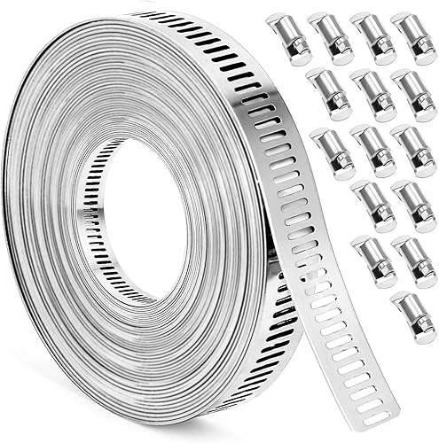 Abrazadera de manguera, fleje de metal de 36 pies con agujeros + 15 sujetadores, abrazaderas de manguera de acero inoxidable, abrazaderas de