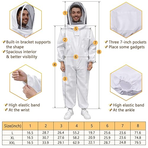 Miniatura 4 de Traje de apicultura, traje profesional de apicultura de cuerpo completo con capucha de velo para hombres y mujeres, apicultor y principiantes con