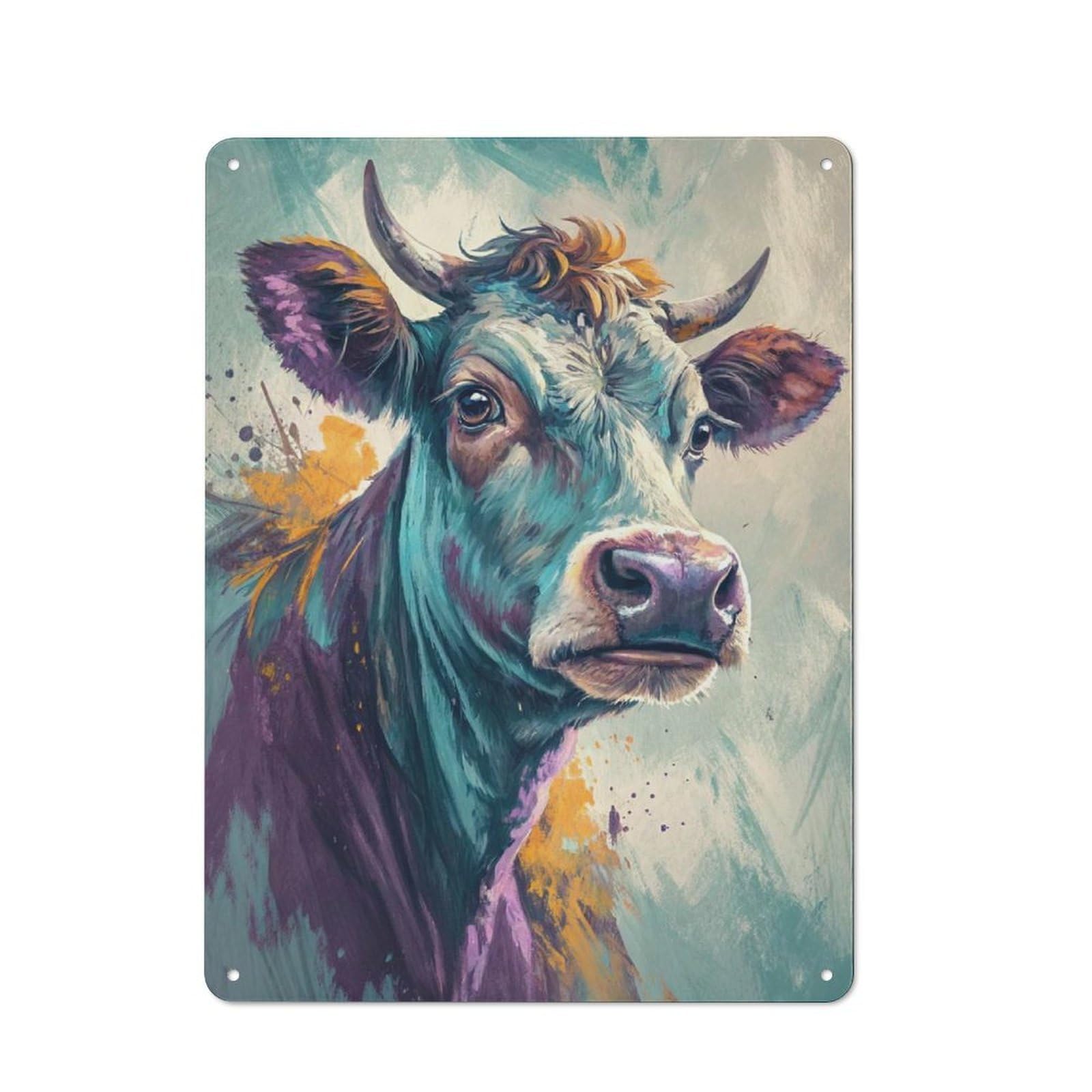 Junmoney Style-1 Tin Wall Plaque 40X30cm With Colorful Cow Portrait For Guest Room Or Hallway, For Updating Guest Room And Hallway After Moving