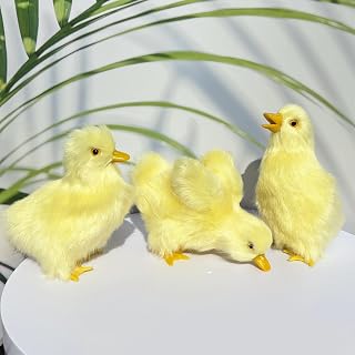 Pack of 3 Realistic Yellow Baby Duck Figurines - Lifelike Plush Ducklings. Spring Farm Animal Figures for Home, Holiday Party Easter Decoration Barnyard Photography Props